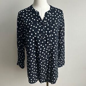 Anthro Maeve Women L Polka Dot Pleated Relaxed Fit Top Breathable Coastal Preppy